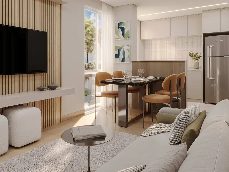 Sala e cozinha integradas de um apartamento do Vitória Íris
